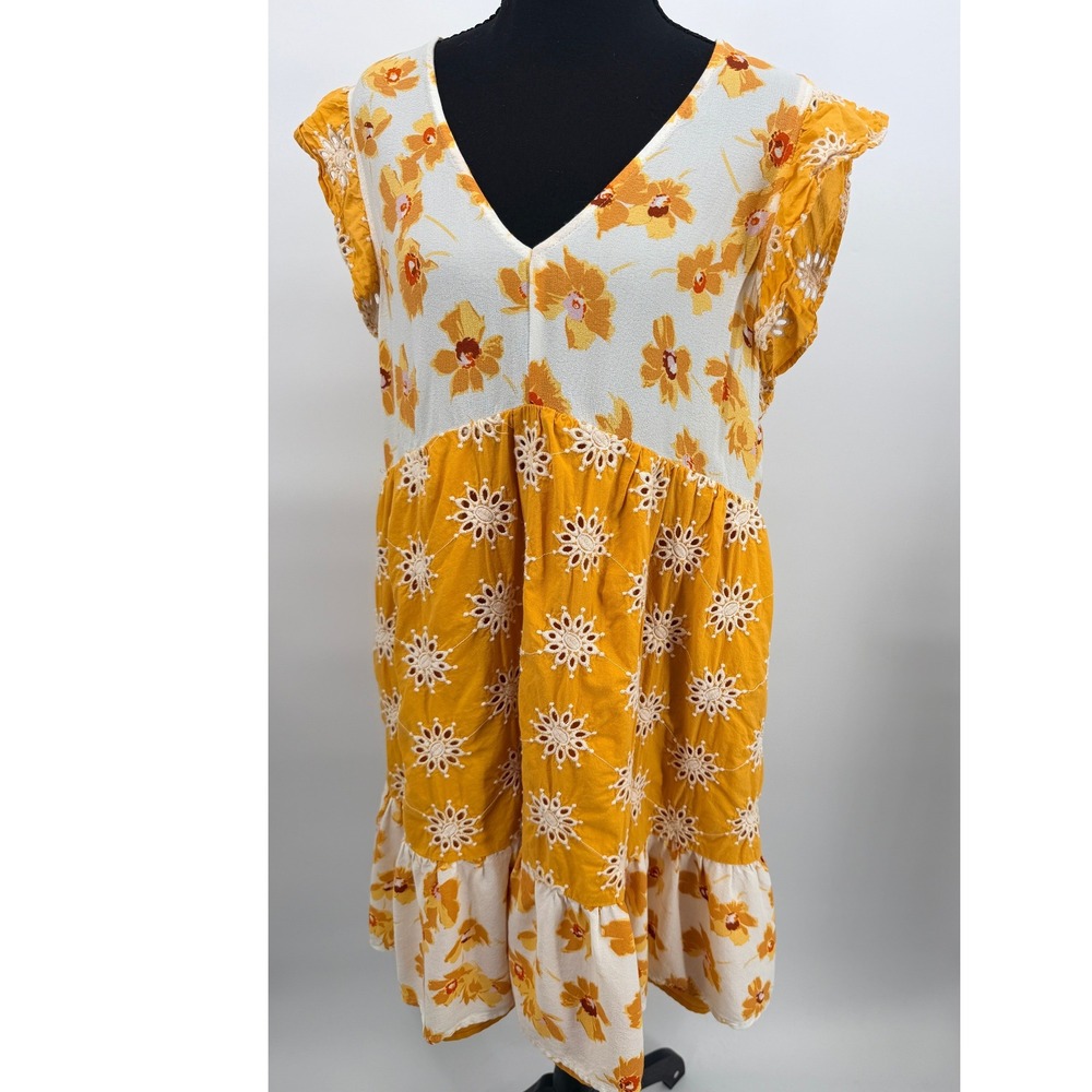 Code Mode Mini Dress Women L Yellow Good Floral Eyelet Flutter CED192743-VR
